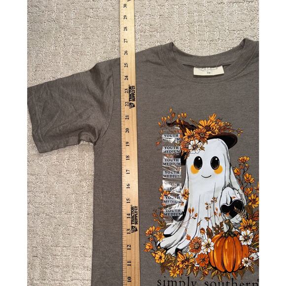 Simply Southern Halloween Ghost Pumpkin Graphic T-Shirt Youth Medium Gray New - Picture 3 of 5